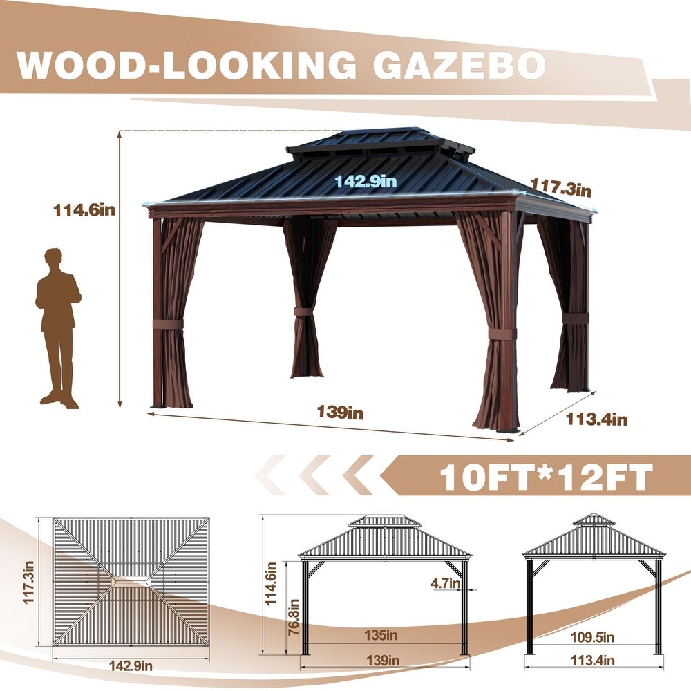 VEIKOUS Wood Grain Aluminum Double Hardtop Gazebo with Grey Curtains and Netting