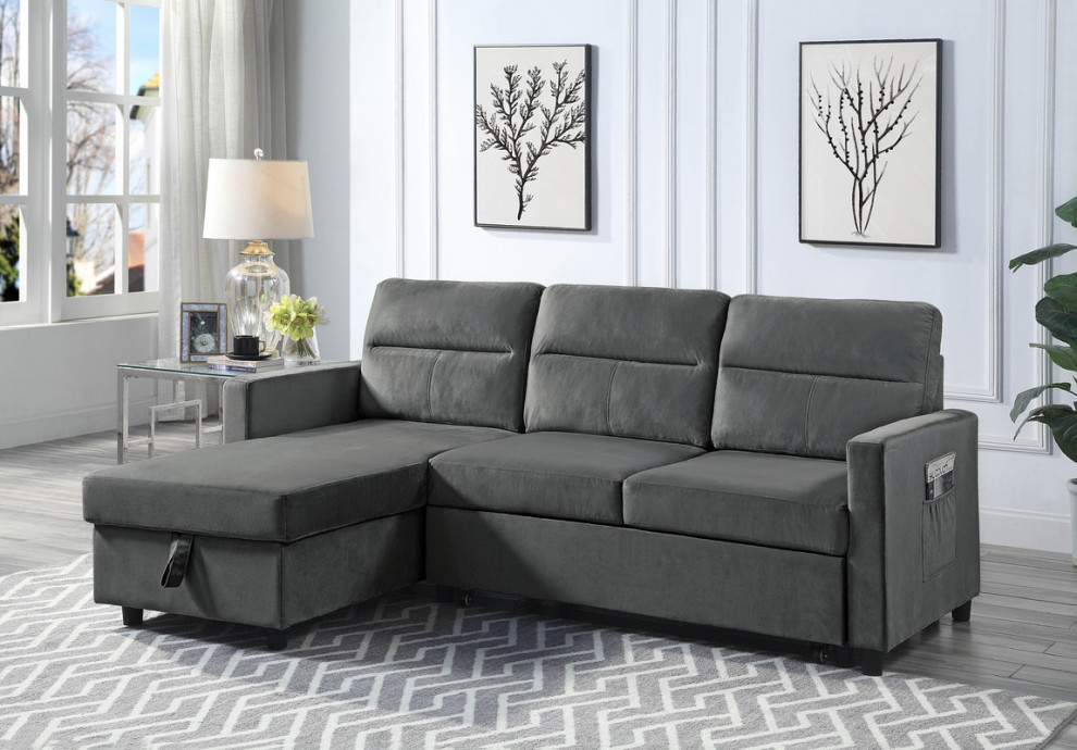 Ivy Velvet Reversible Sleeper Sectional Sofa With Storage Chaise and Side Pocket   Transitional   Sleeper Sofas   by Lilola Home  Houzz