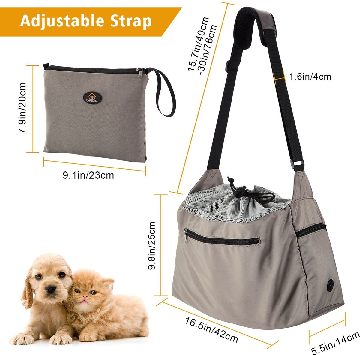 Ownpets Foldable Sling Carrier for Puppies， Small Dogs and Cats， Grey