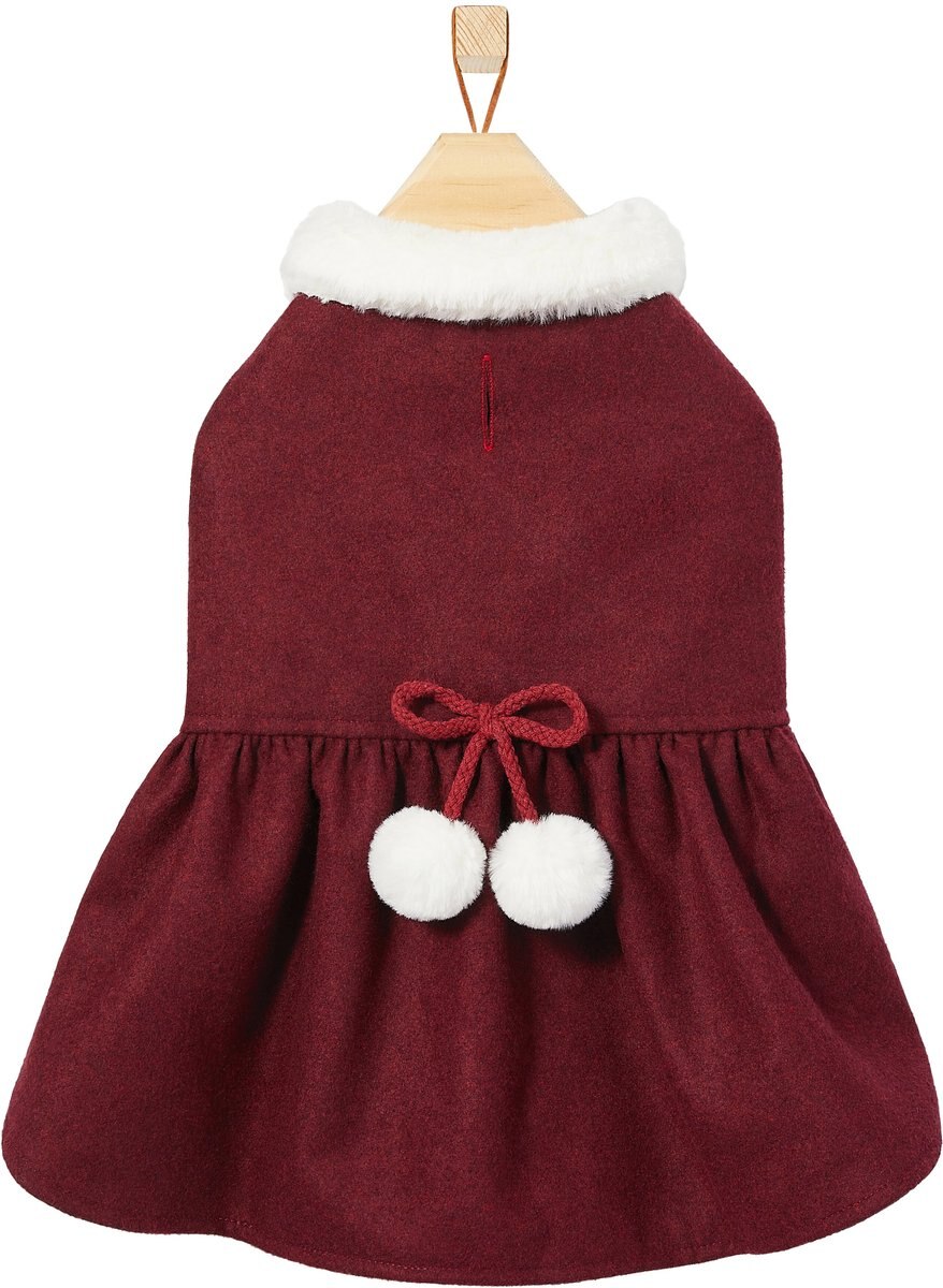 Frisco Mediumweight Pom Pom Bow Dog and Cat Peacoat Dress， Red