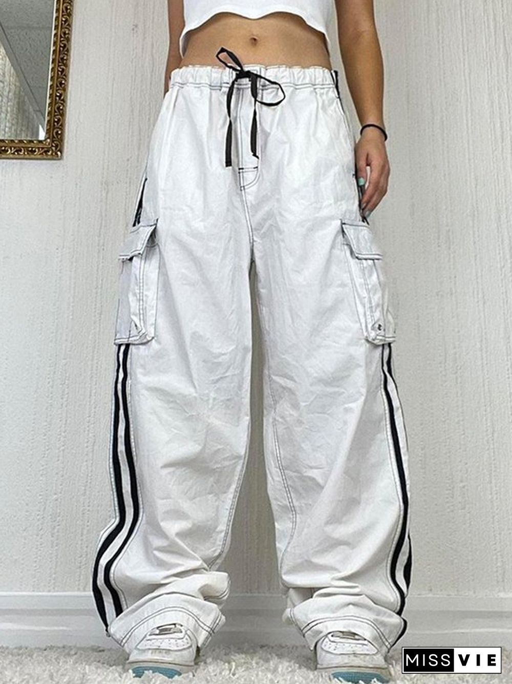 Side Striped White Baggy Cargo Jeans