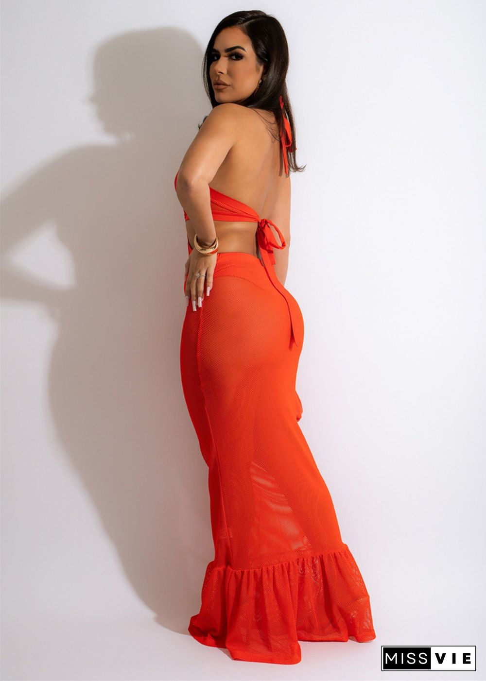 Mesh See Though Hollow Halter Backless Maxi Dresses