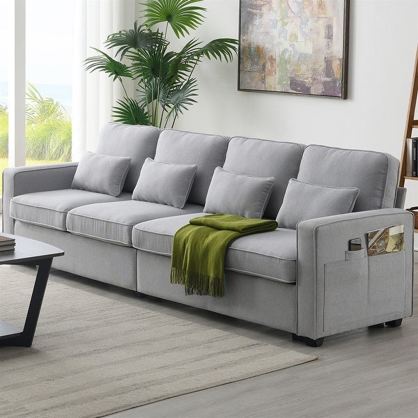 4 Seater Modern Linen Fabric Sofa with Armrest Pockets and 4 Pillows