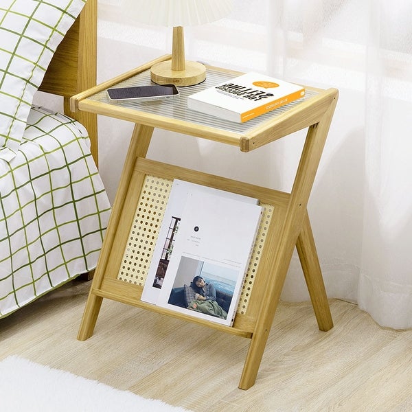 Bamboo Glass-top End Table with Rattan-like Magazine Rack