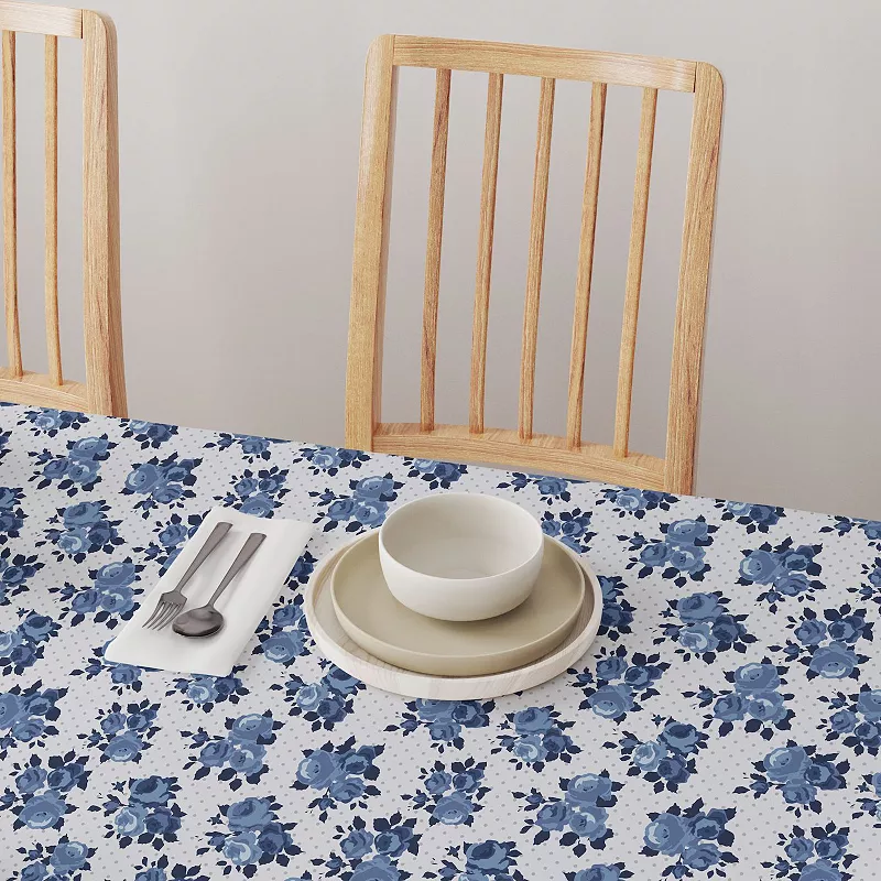 Rectangular Tablecloth， 100% Cotton， 52x104， Blue Floral and Dots