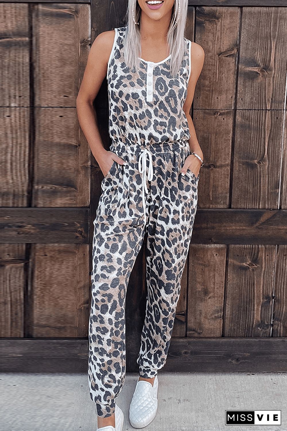 Leopard Drawstring Buttons Sleeveless Jumpsuit