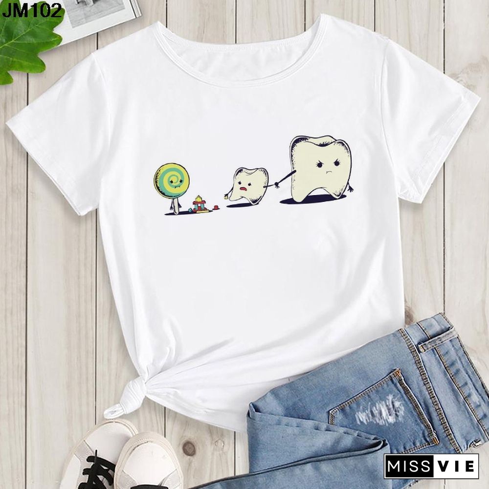 Aesthetic Funny Tooth Dentist Print Female Clothing T-shirt 90s Harajuku Kawaii O-neck Tshirt Summer Fashion Women's Top T Shirt