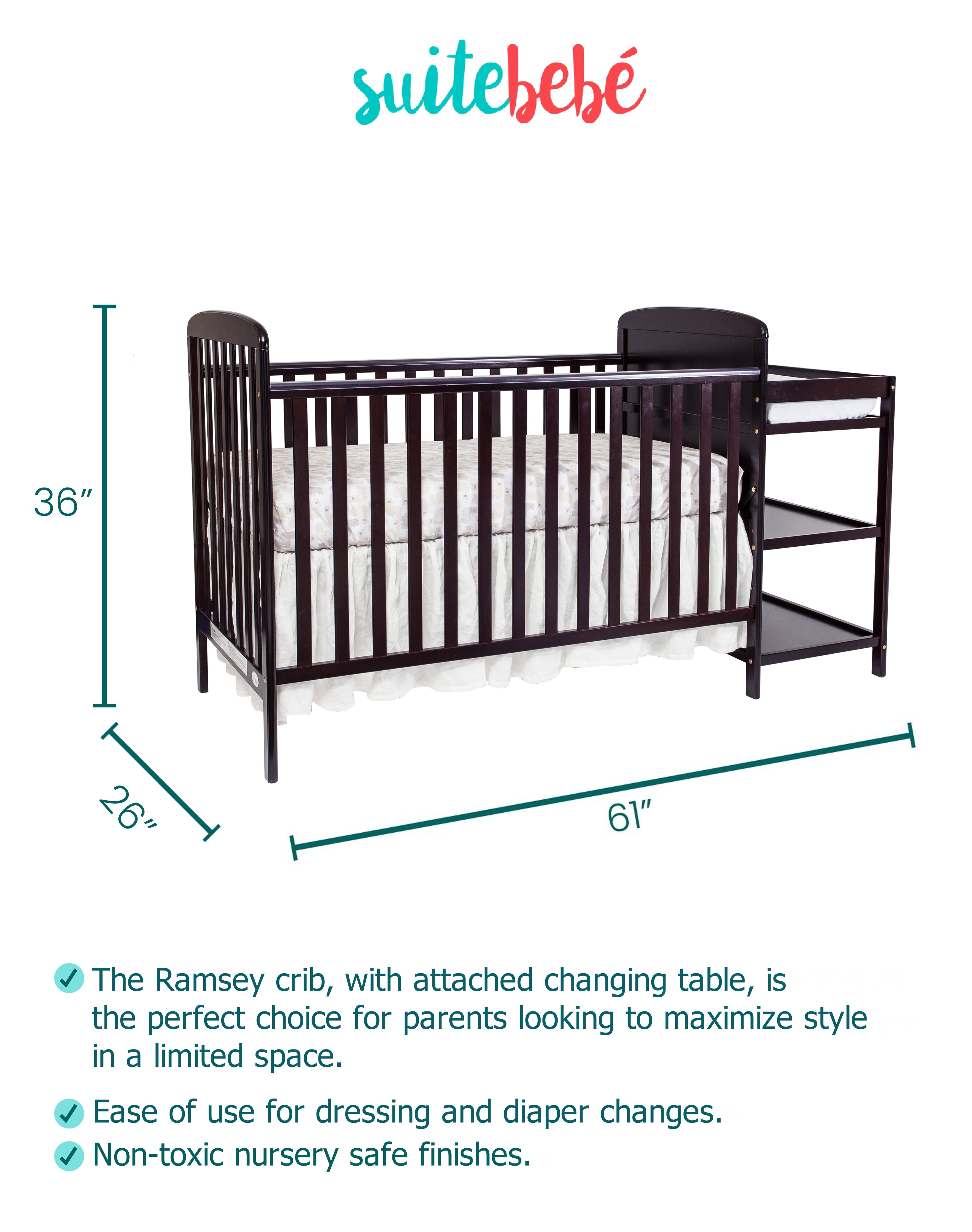 Suite Bebe Ramsey Crib and Changer Combo & Guardrail Bundled Espresso