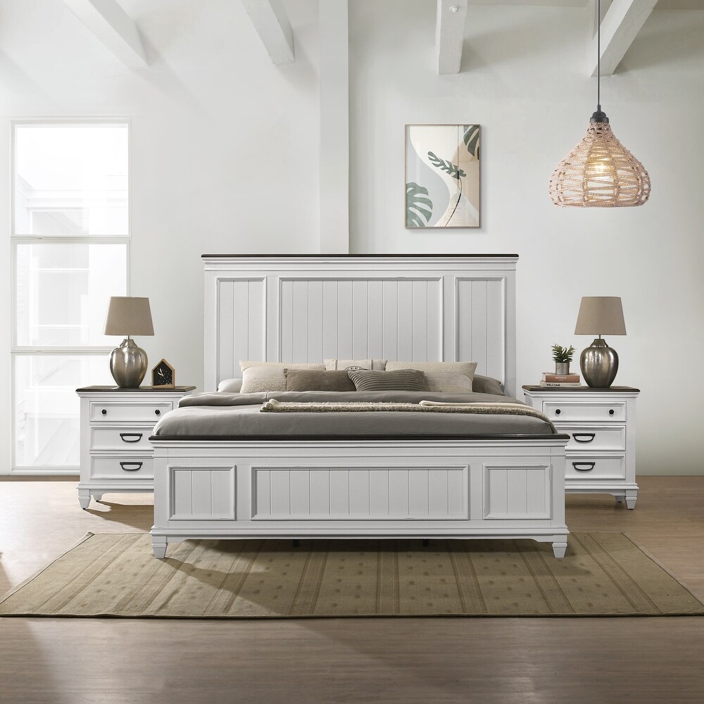 Roundhill Furniture Clelane 3 Piece Wood Bedroom Set  Shiplap Panel Bed and 2 Nightstands  Weathered White and Gray