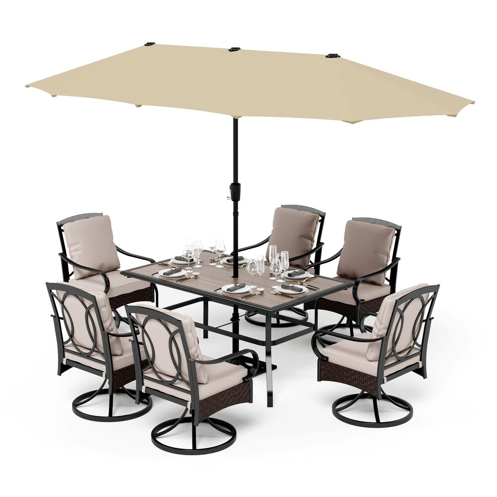 7/8 Piece Patio Dining Set of 6 Swivel Steel Rattan Chairs with Deep seating and Back Cushions 1 Wood like Table Top