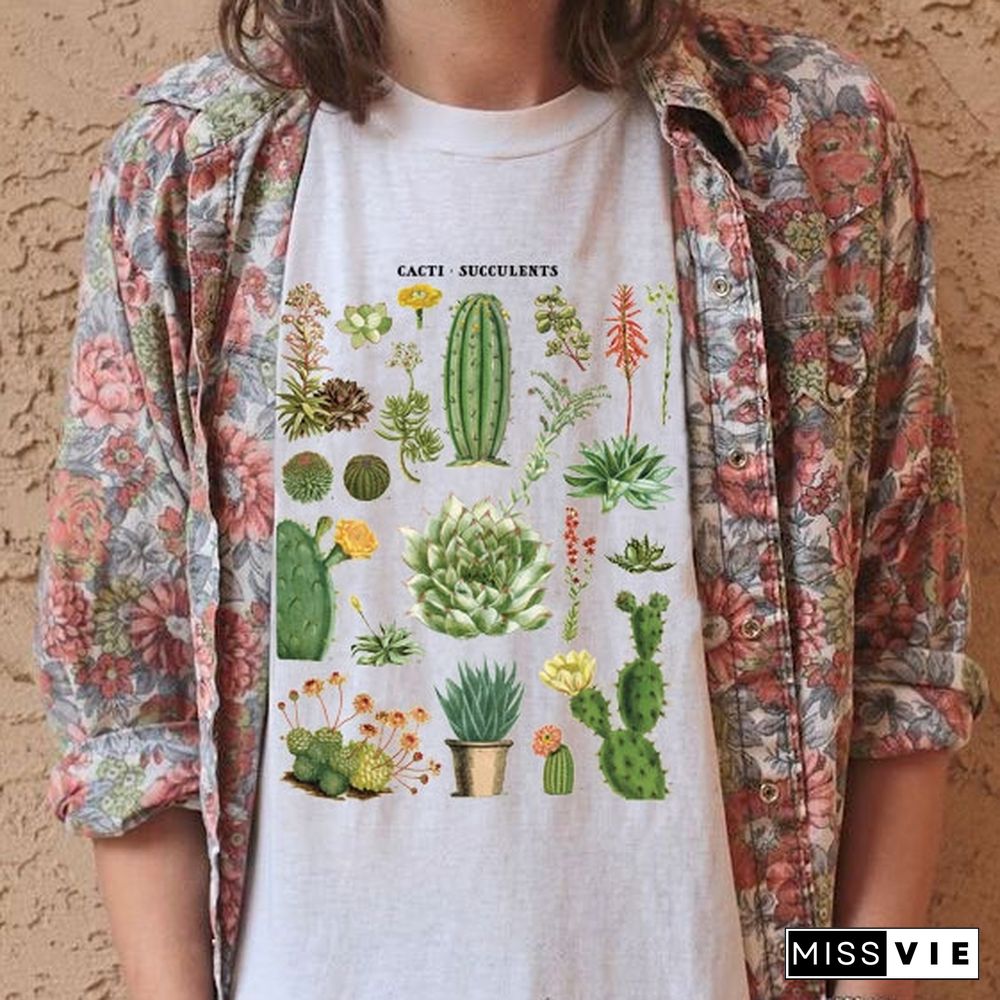 Women Vintage Fashion Arizona Cactus Succulents T-Shirt Desert Graphic Tee Aesthetic Cute White Top