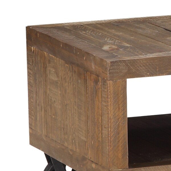 Pine Wood and Metal End Table with Wheelbarrow Base Design， Brown and Black