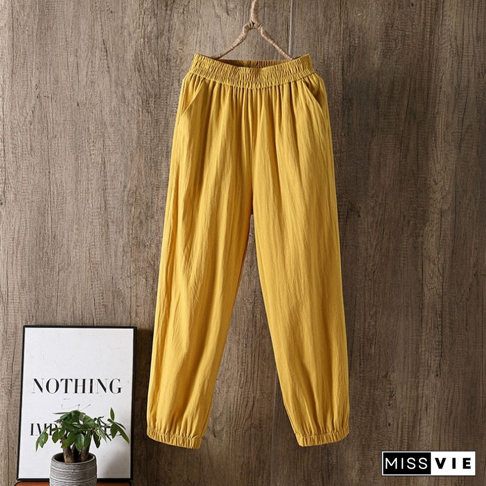 Casual Style Cotton Linen Pants Women Spring Summer New Elastic Waist Solid Basic Retro Loose Women'S Harem Pants Trousers