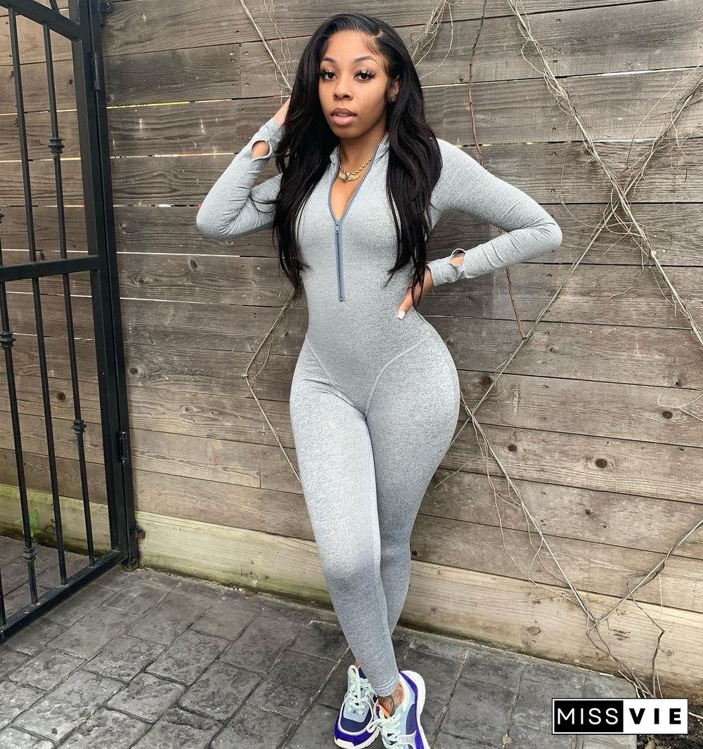 Solid Long Sleeve Skinny Fitness Jumpsuits