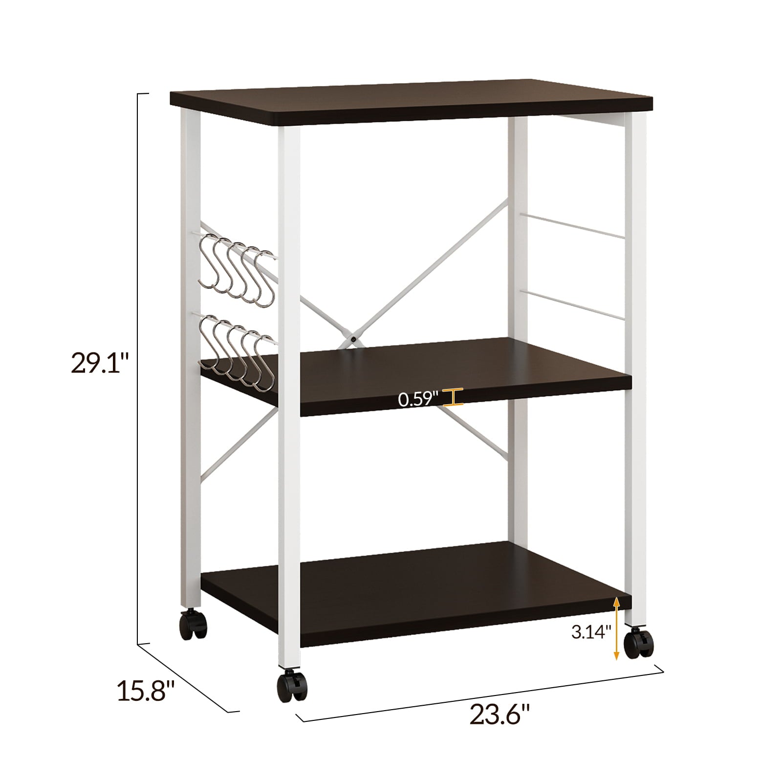 Zimtown 3 Tier Rolling Bar Cart， Kitchen Microwave Oven Stand Cart Island on Wheels with Storage Shelves， Coffee Station， Wood/Metal， Dark Brown/White