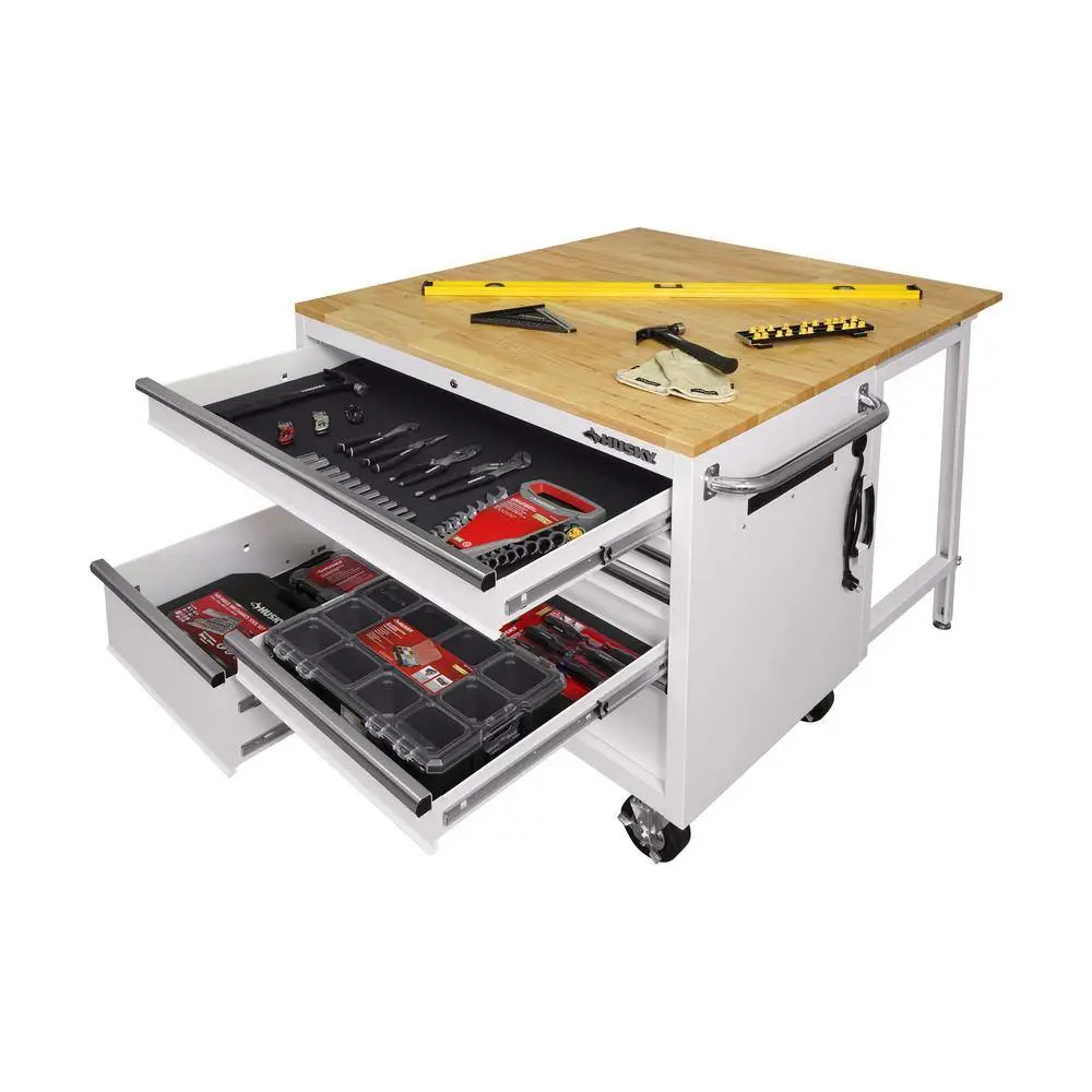 CZHusky 46 in. W x 51 in. D Standard Duty 9-Drawer Mobile Workbench with Solid Top Full Length Extension Table in Gloss White