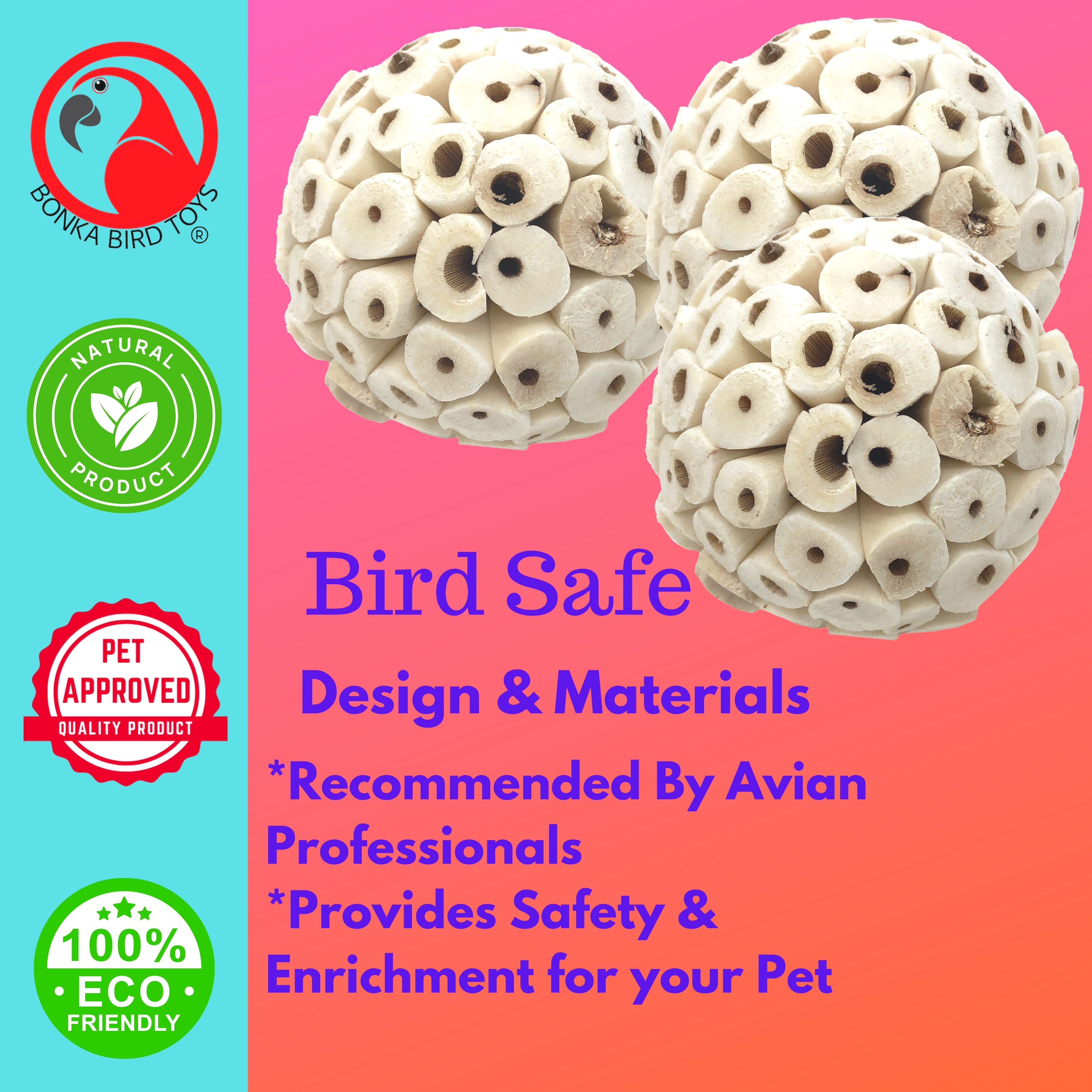 Bonka Bird Toys 1214 Pk3 Natural Sola Atta Ball Chew Shred Foraging Parrot Cockatiel Conure Quaker Caique Rabbits Guinea Chinchilla Bunny.