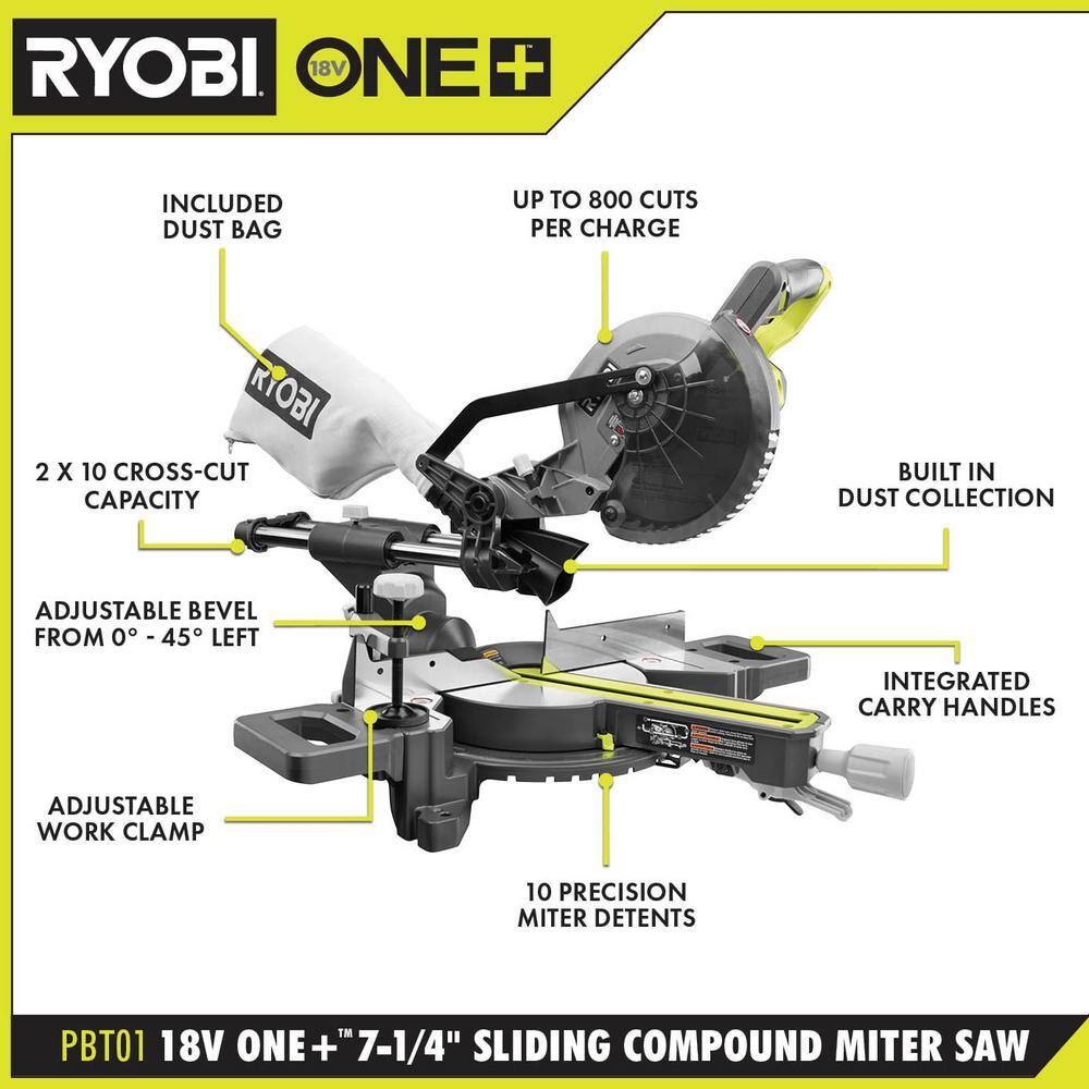 RYOBI ONE+ 18V Cordless 7-14 in. Sliding Compound Miter Saw with HIGH PERFORMANCE Lithium-Ion 4.0 Ah Battery PBT01B-PBP004