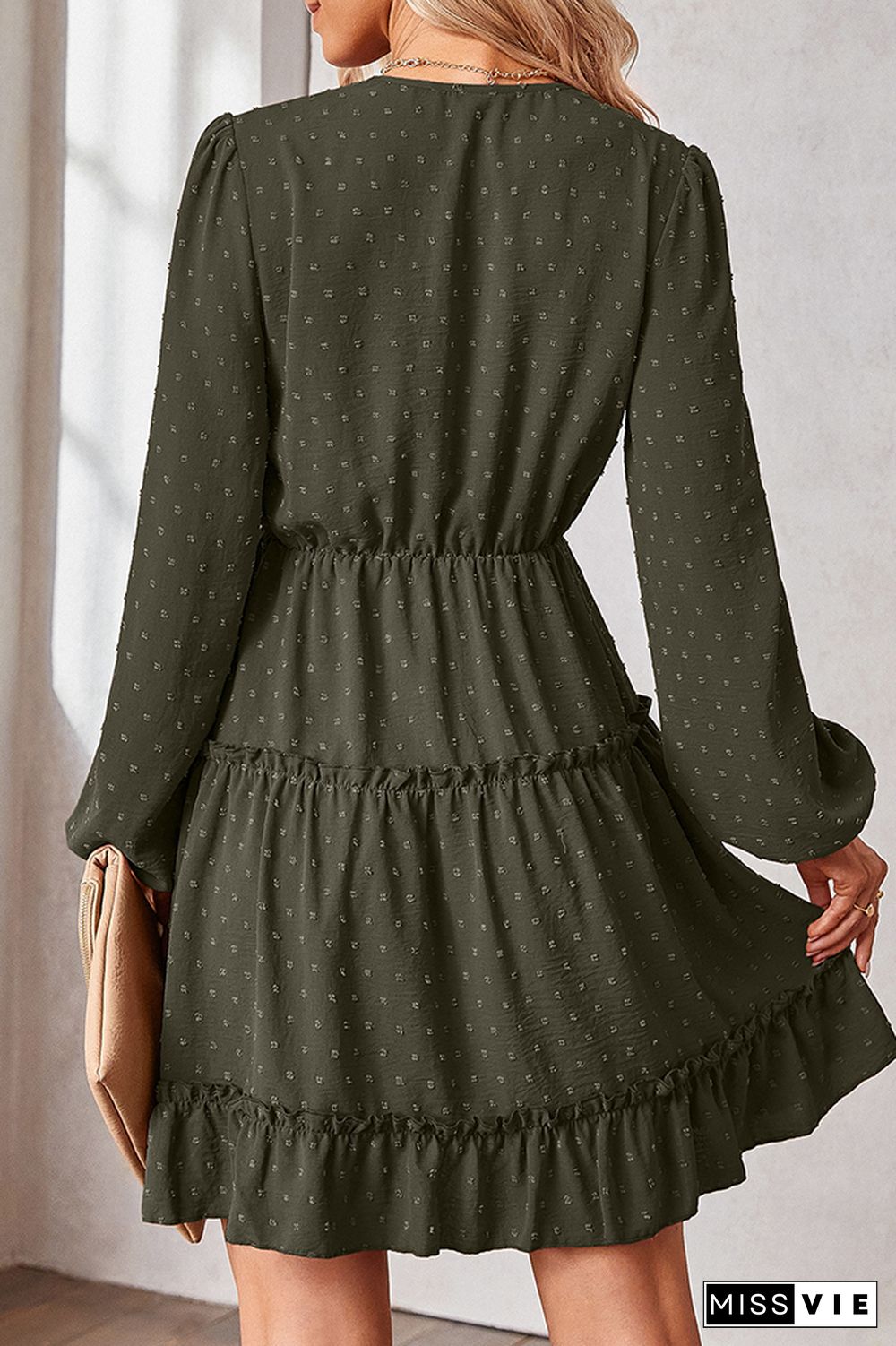 Swiss Dot Lace Crochet Long Sleeve Ruffle Dress