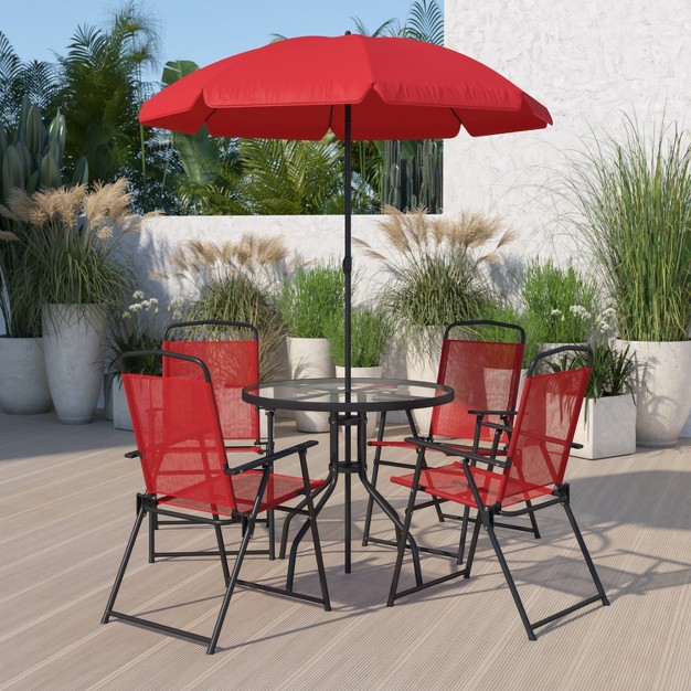 Flash Furniture Nantucket 6 Piece Patio Garden Set With Table Umbrella And 4 Folding Chairs