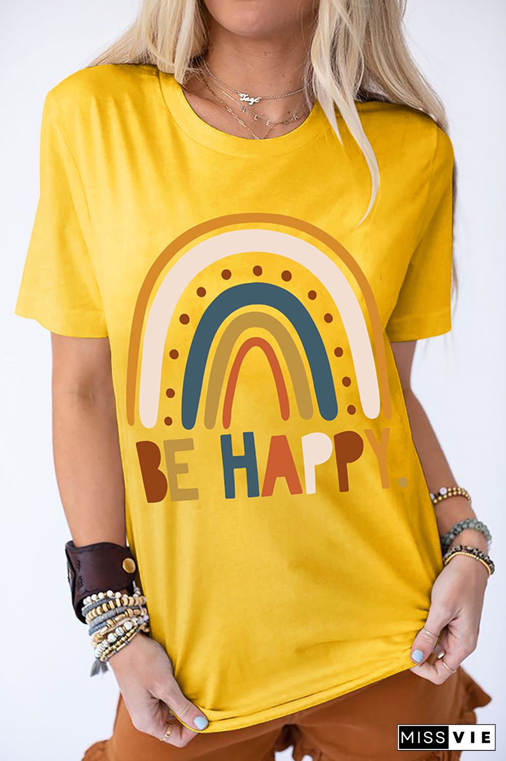 Be Happy Print Graphic Tees for Women Wholesale Short Sleeve T shirts Top