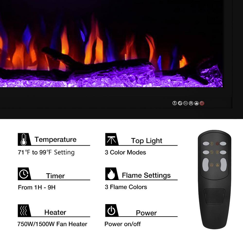 Valuxhome 74 in. 750-Watt1500-Watt Wall-Mount and Recessed Electric Fireplace with LED Light Log and Crystal in Black BI74-HD