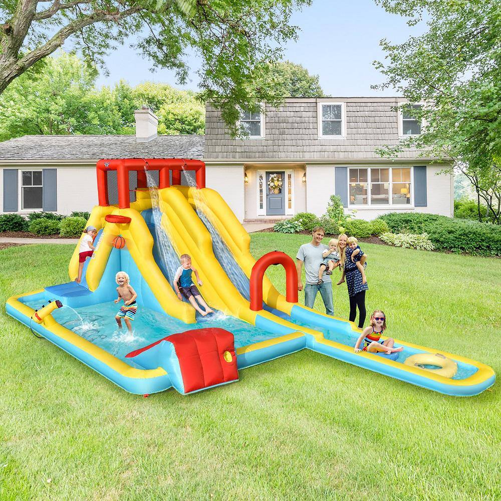 Costway Multi-Color 7-In-1 Inflatable Dual Slide Water Park Climbing Bouncer with 950-Watt Blower OP70653+EP24684