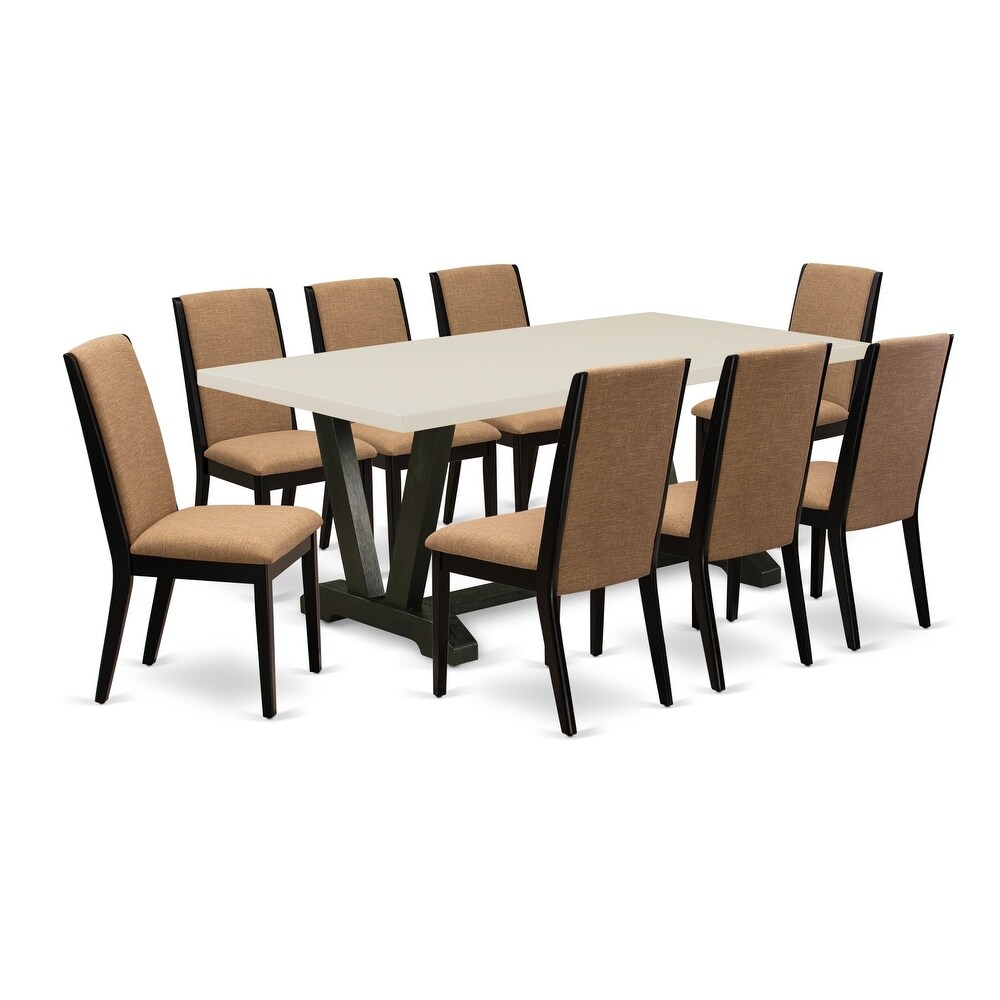 East West Furniture Dining Table Set  a Dining Room Table and Light Sable Linen Fabric Parsons Chairs  Black(Pieces Options)