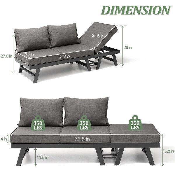 Outdoor Patio Sofa Daybed Adjustable Aluminum Chaise Lounge Bench with Cushion