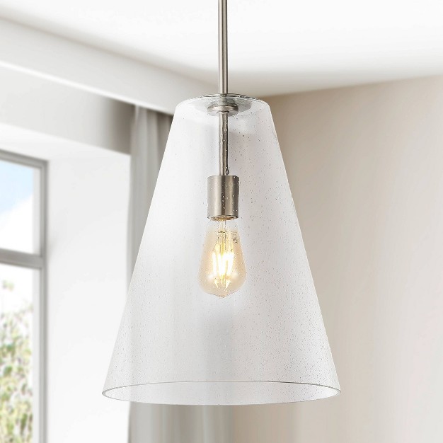 1 light Arlo Mid century Modern Iron seeded Glass Led Pendant Nickel clear Jonathan Y