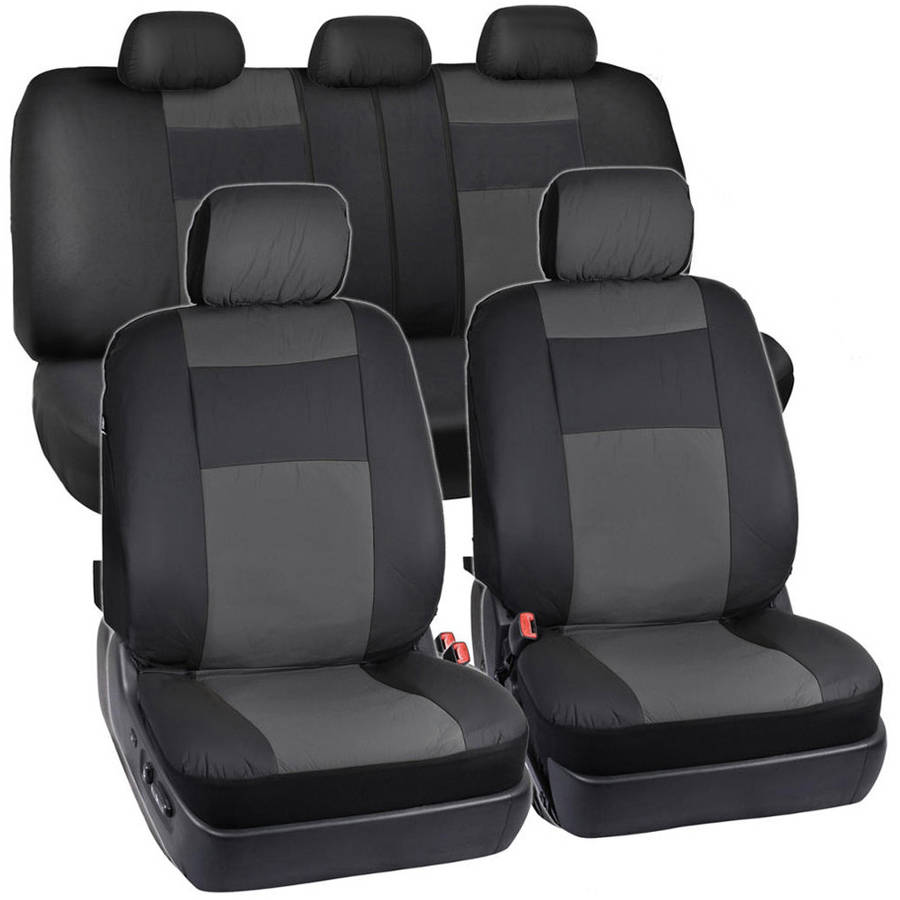 BDK 2-Tone PU Leather Car Seat Covers Split Bench Side Airbag Safe with Steering Wheel Cover