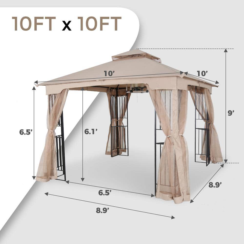 LAUREL CANYON 10 ft x 10 ft Khaki Soft Top Steel Outdoor Patio Gazebo with Netting and Shelves