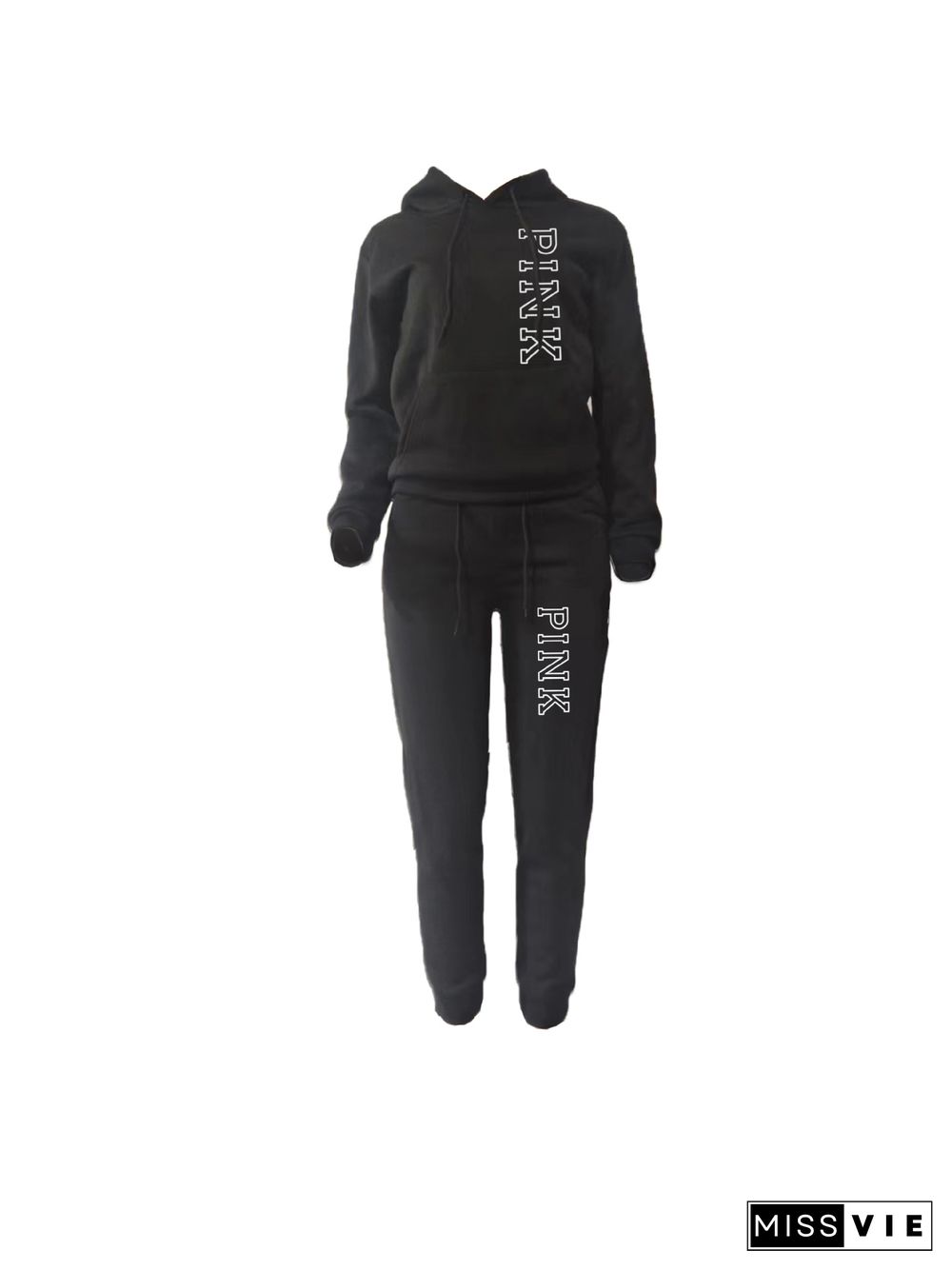 PINK Letter Print Pullover Hoodies and Pants Tracksuit