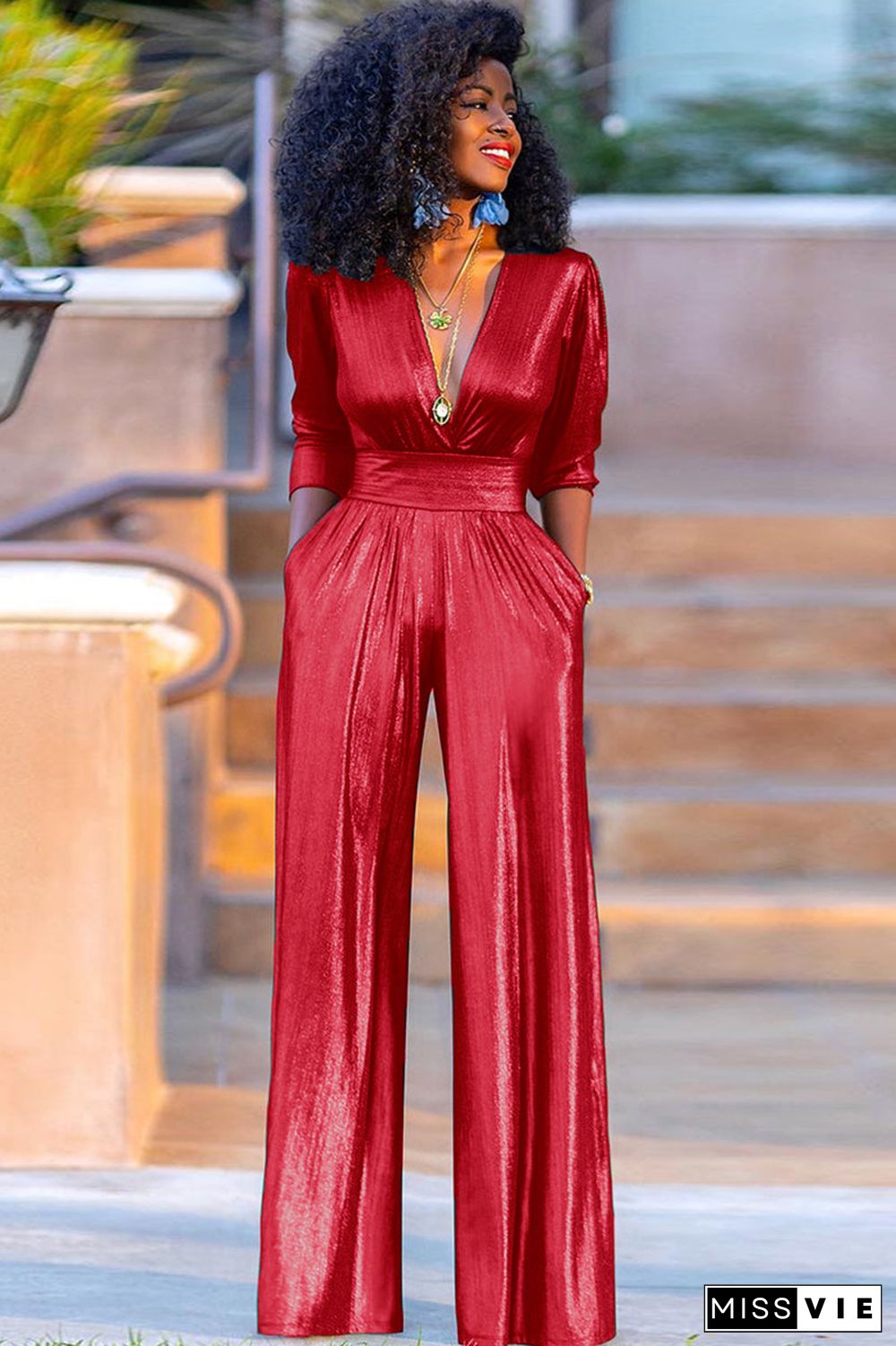 Party Reflective Half Sleeve V Neck Wide Leg Jumpsuit