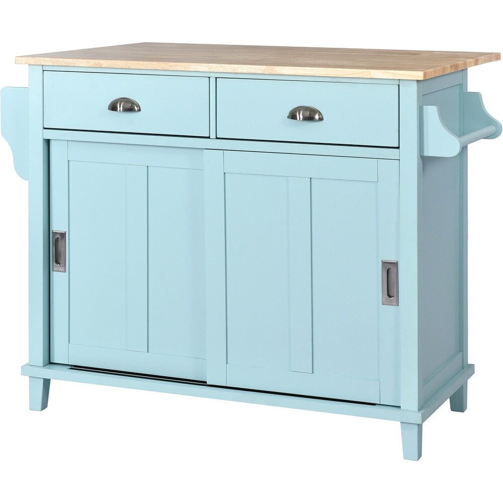 Kitchen Island Cart w/ Rubber wood Drop Leaf Countertop  Concealed Sliding Barn Door Kitchen Island w/ Storage Cabinet 2 Drawers