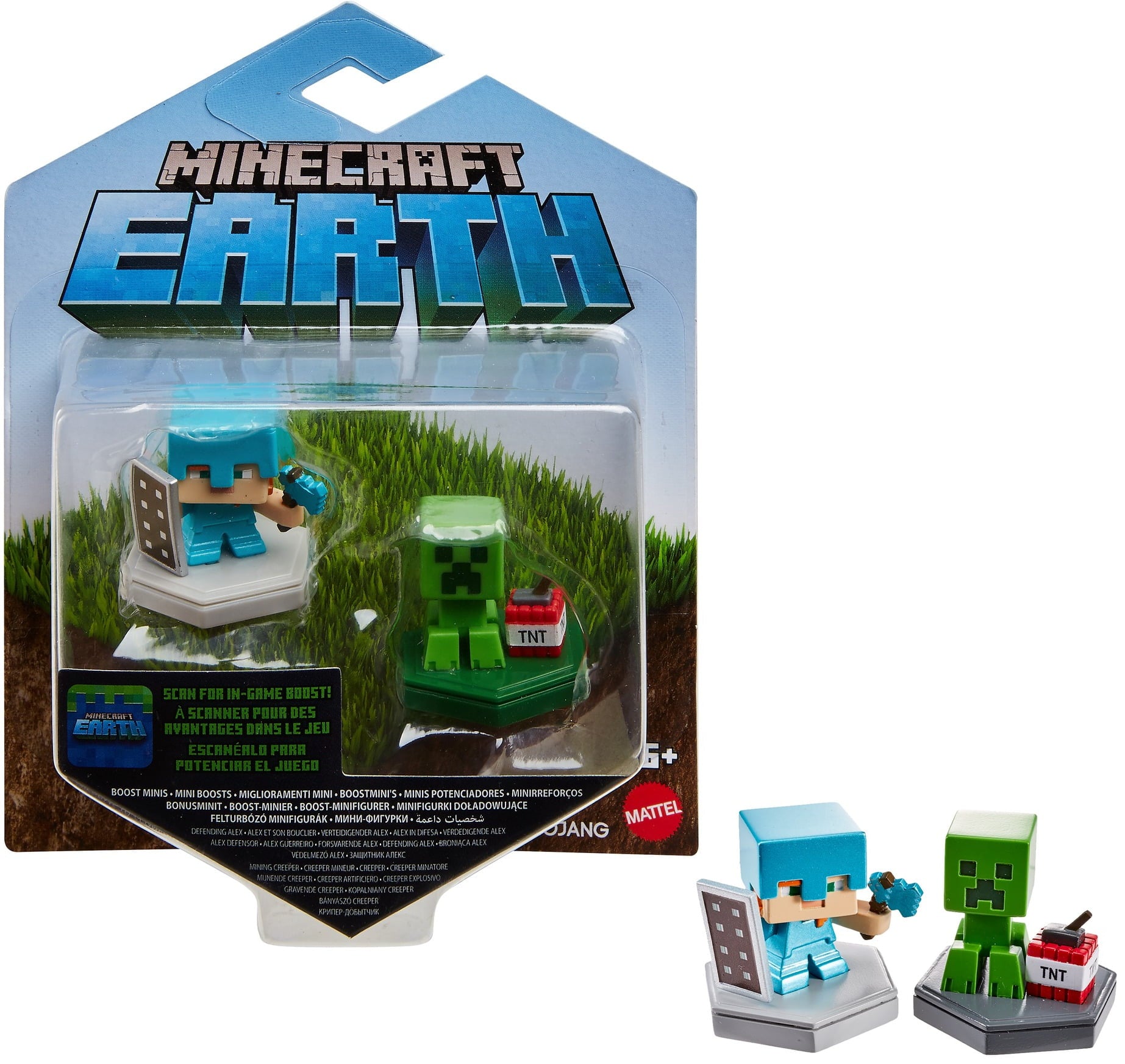 Minecraft Earth Boost Mini Defending Alex and Mining Creeper Figure 2-Pack， NFC Chip Enabled For Play With Minecraft Earth Augmented Reality Mobile Device Game， Toys For Girls And Boys Age 6 And Up