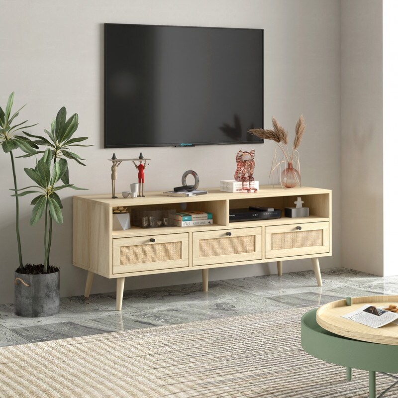 Natural Rattan TV Stand with Solid Wood Legs  TV Console Table