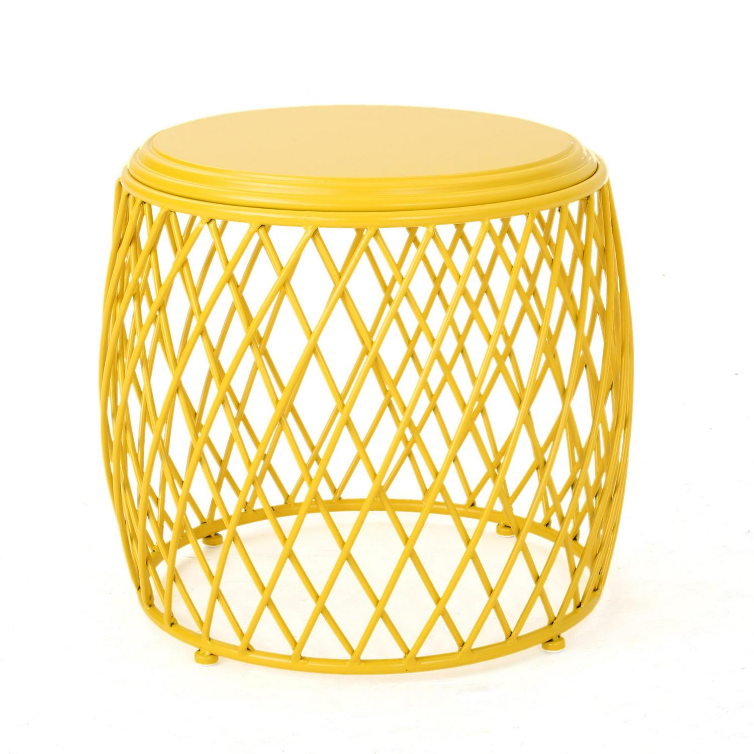 Alameda Outdoor 19 Inch Diameter Lattice Iron Side Table， Matte Yellow