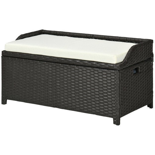 Outsunny Storage Bench Rattan Wicker Garden Deck Box Bin With Interior Waterproof Bag And Comfy Cushion Cream White