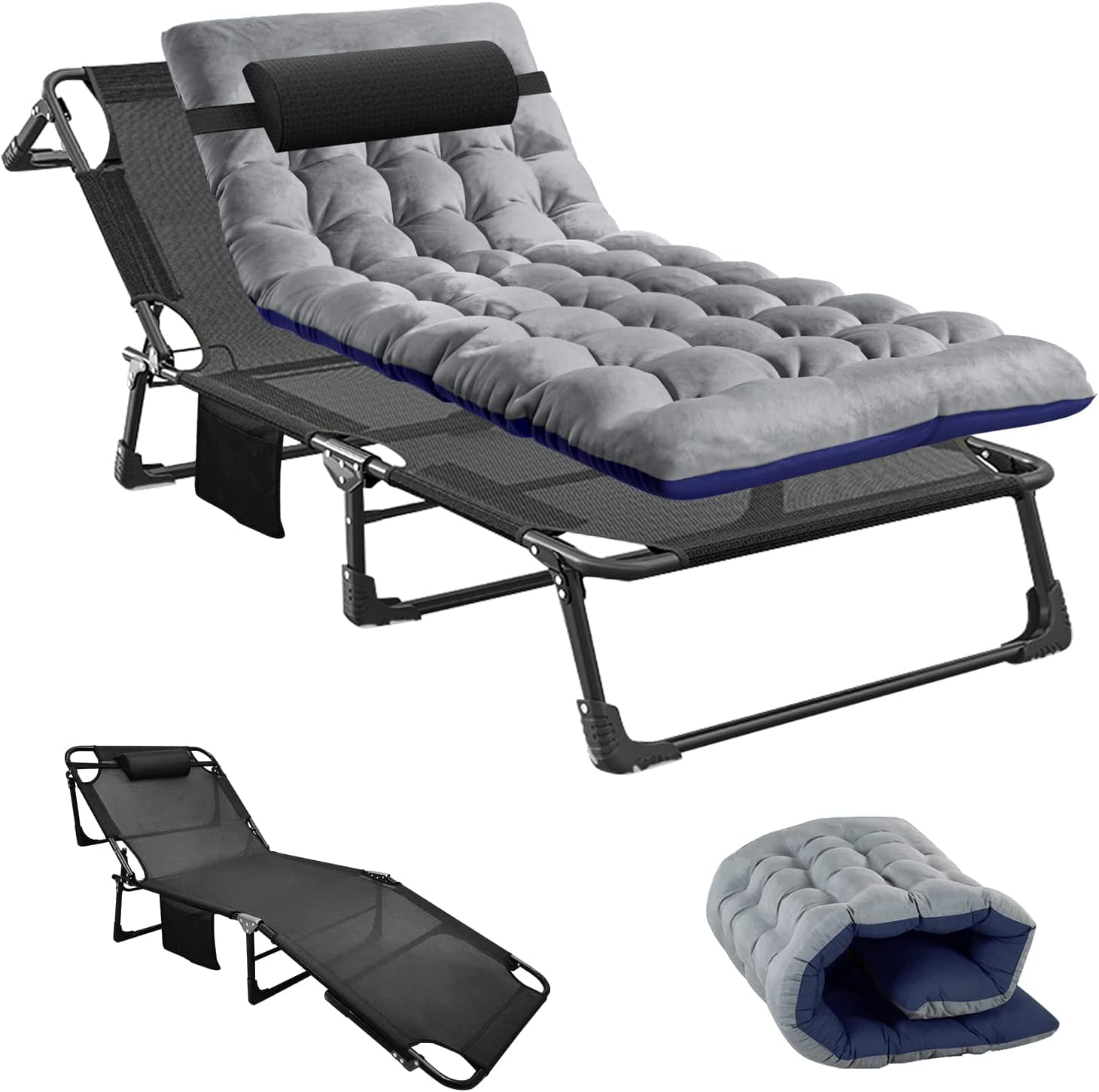 ABORON Camping Cots for Adults, 4- position Adjustment Folding Chaise Lounge Chair, Folding Cots, Sleeping Cots with 2-Sides Cotton Mattress & Pillow