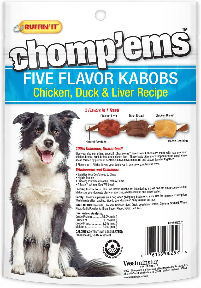 RUFFIN' IT Chomp'Ems Five Flavor Kabobs Dog Treats， 6 count