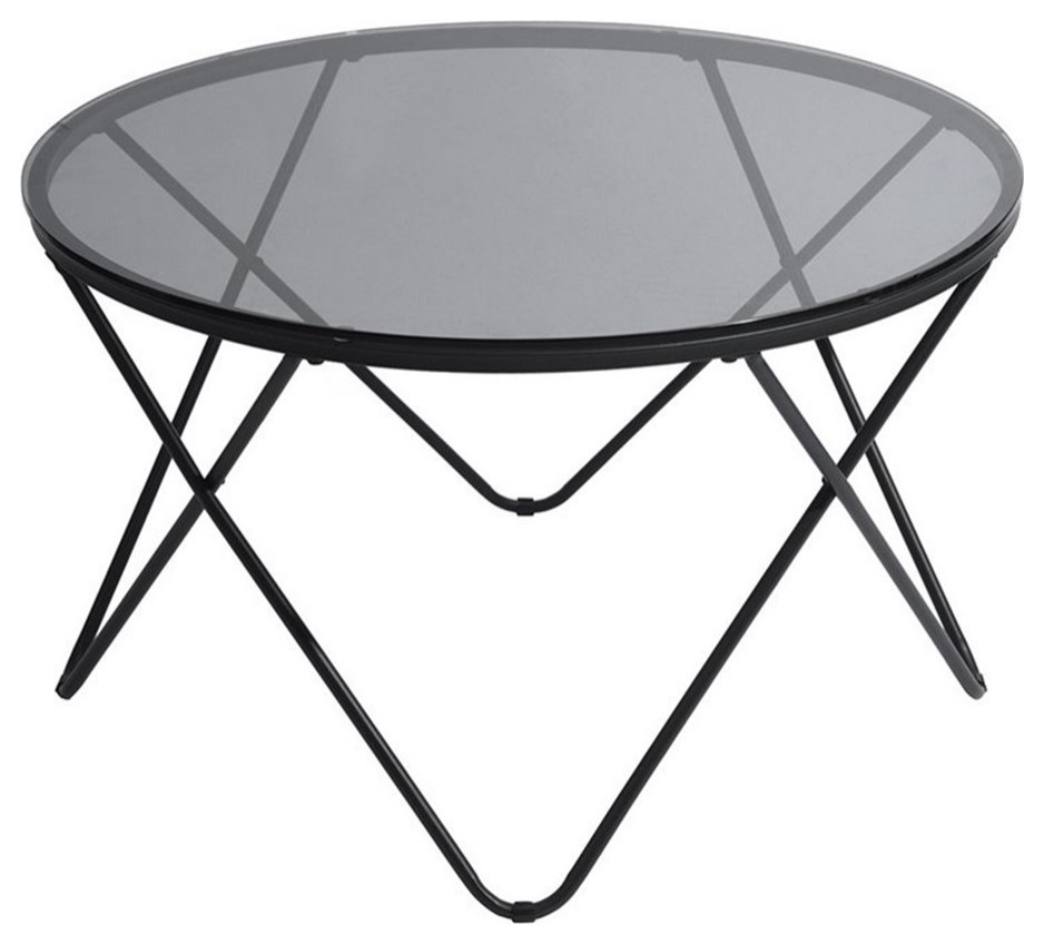 FurnitureR Canales 31 quotRound Glass  ampMetal Coffee Table with Cross Legs in Black   Midcentury   Coffee Tables   by Homesquare  Houzz