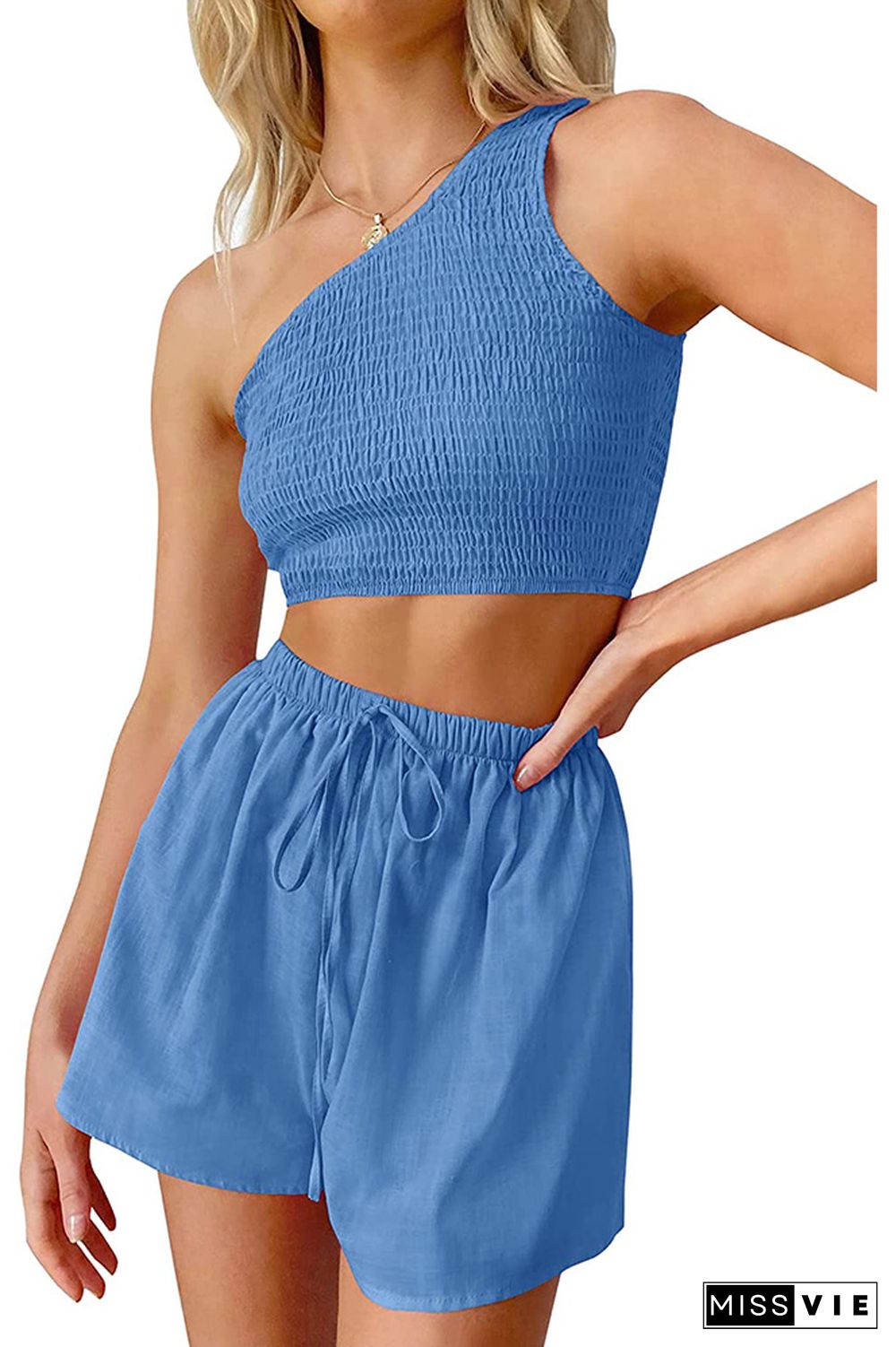 One Shoulder Smocked Crop Top with Elastic Waist Shorts 2pcs Set