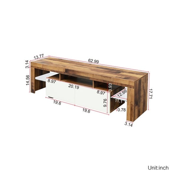 63''L Matt Laminate Finish TV Stand Cabinet with 2 Soft-Open Front Storage Doors， 20 Colors LEDandRemote Control (up to 70'')