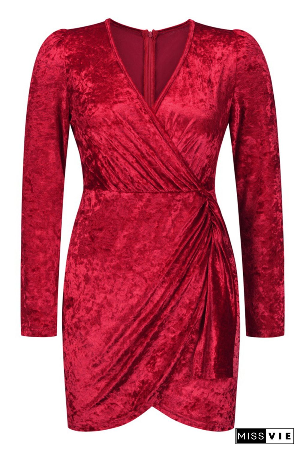 V Neck Bodycon Ruched Velvet Dress