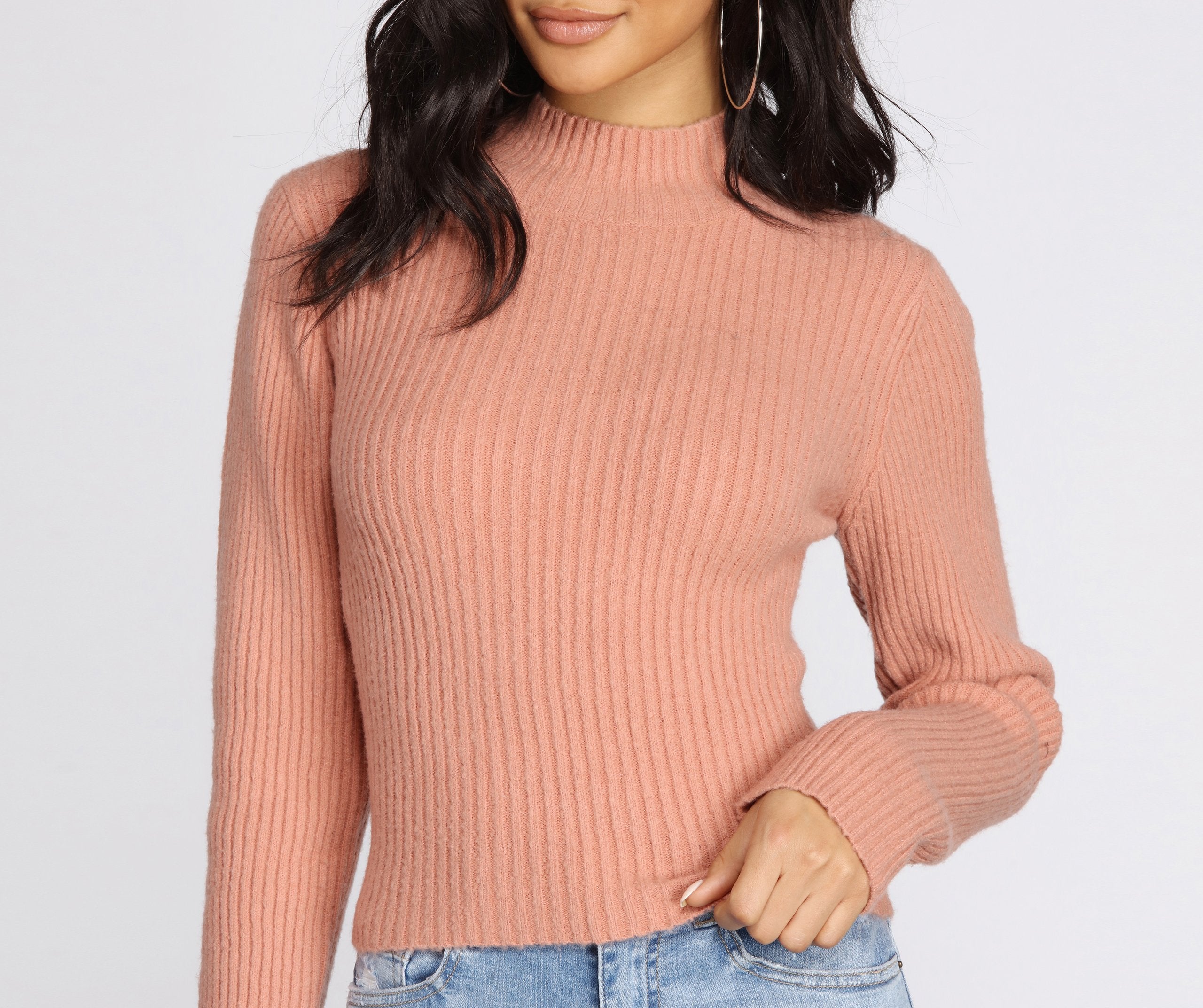 Basic Ribbed Knit Mock Neck Sweater