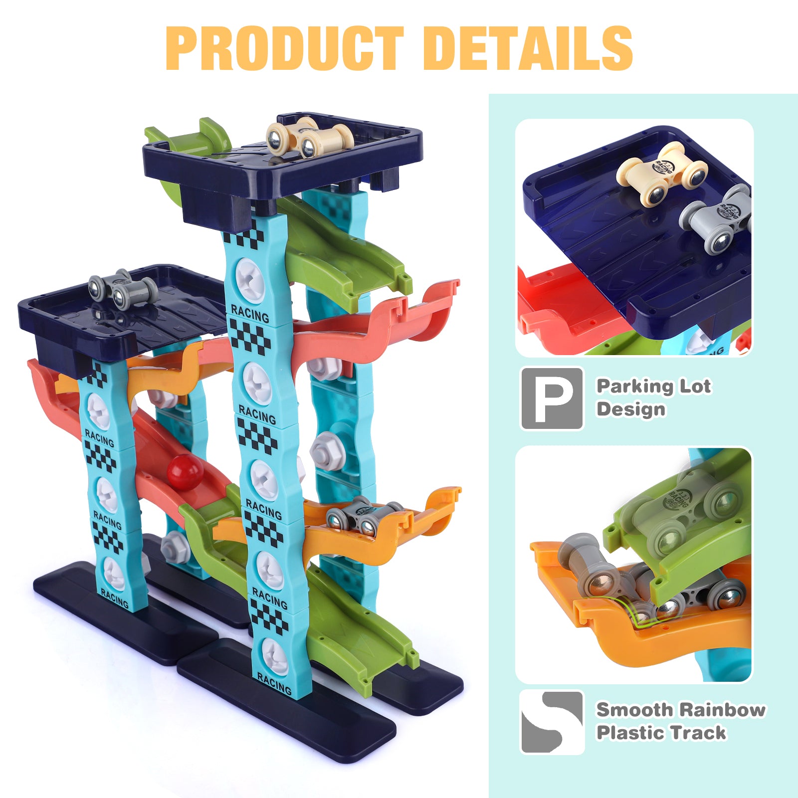 Growsly Indoor 98 Pcs Assembly Car Ramp Toys for 2-8 Years Old Kids， Kids Race Track Toy with 4 Mini Racer Cars