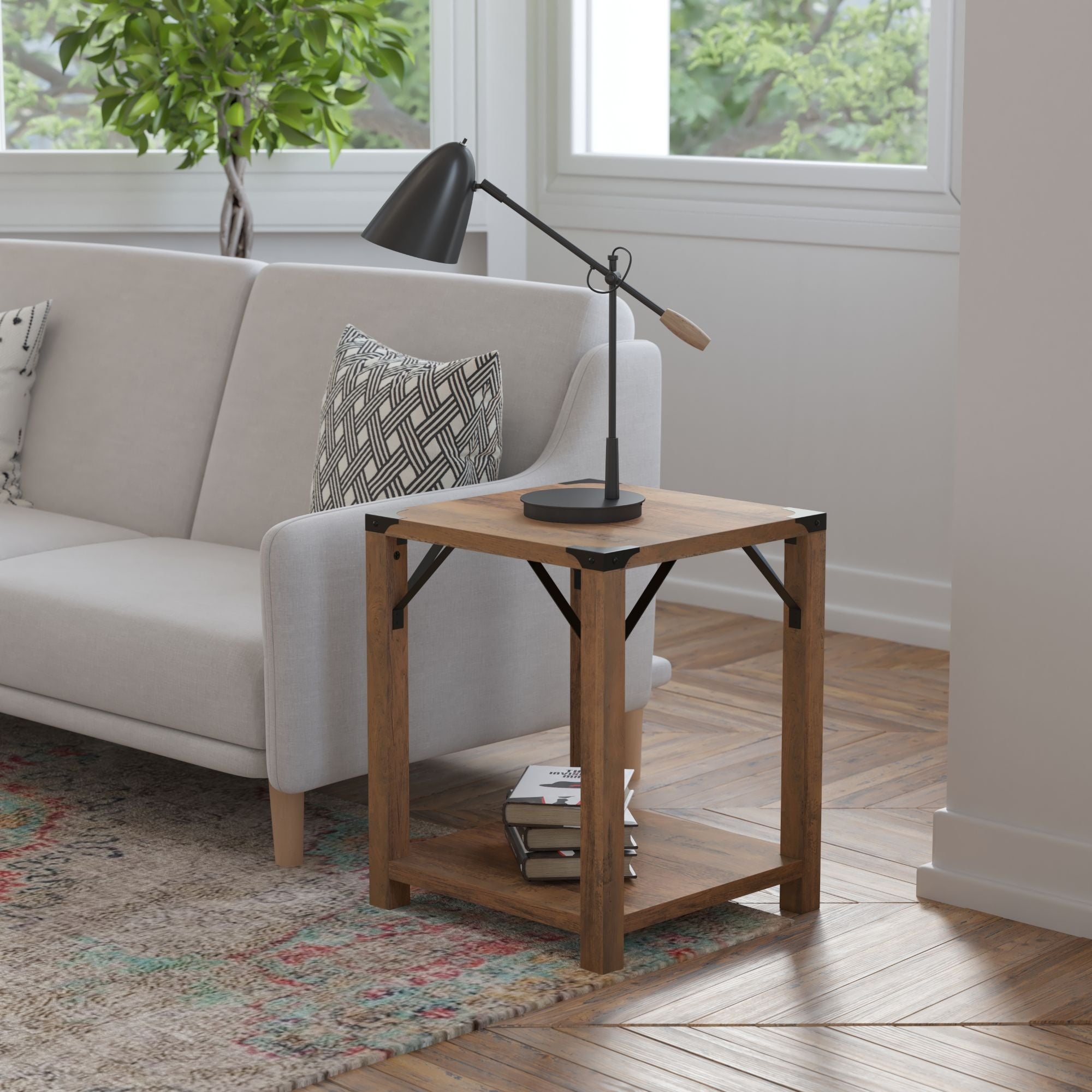 2-Tier Side Table with Metal Side Braces and Corner Caps