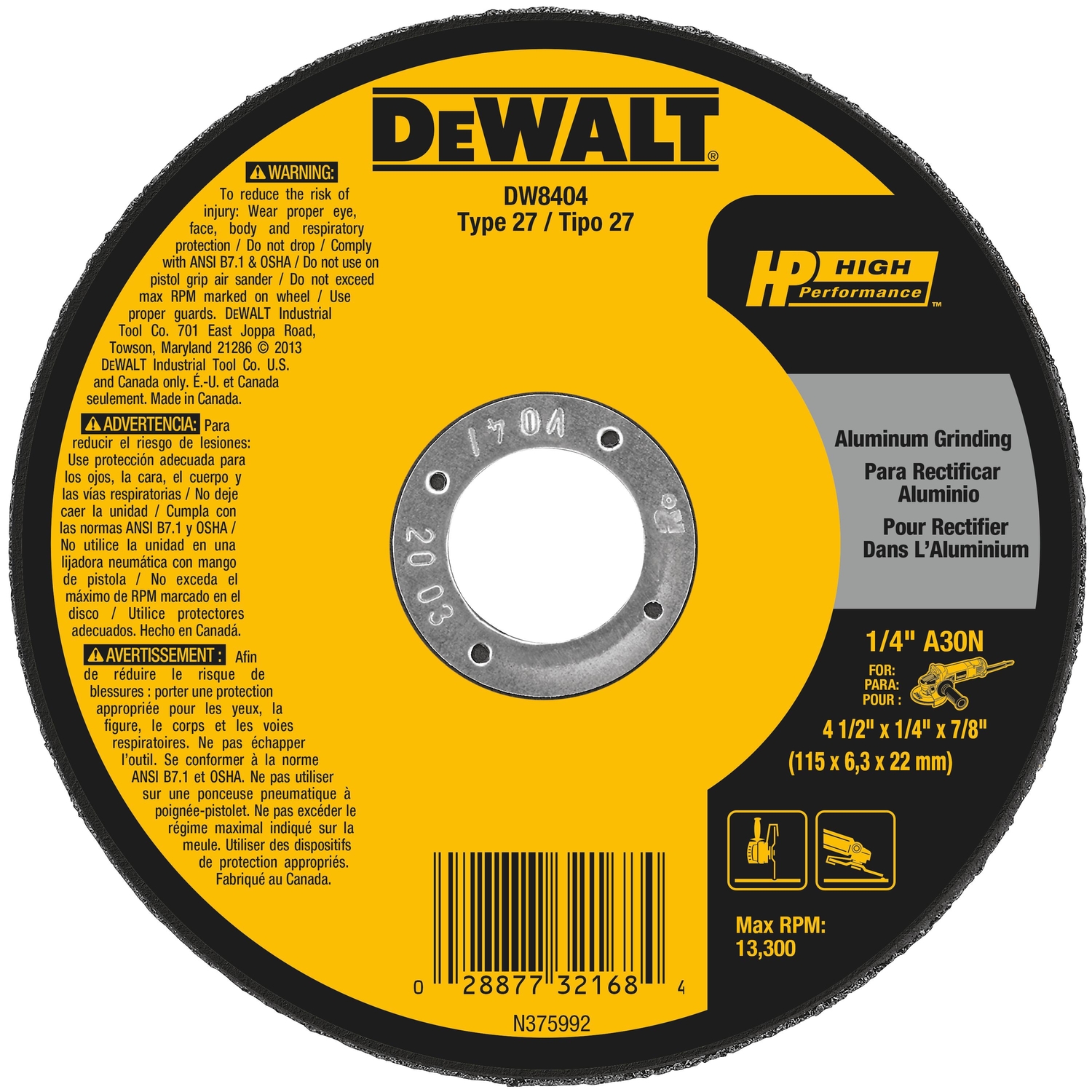 DW 4-1/2 in. D X 7/8 in. Aluminum Oxide Cutting/Grinding Wheel