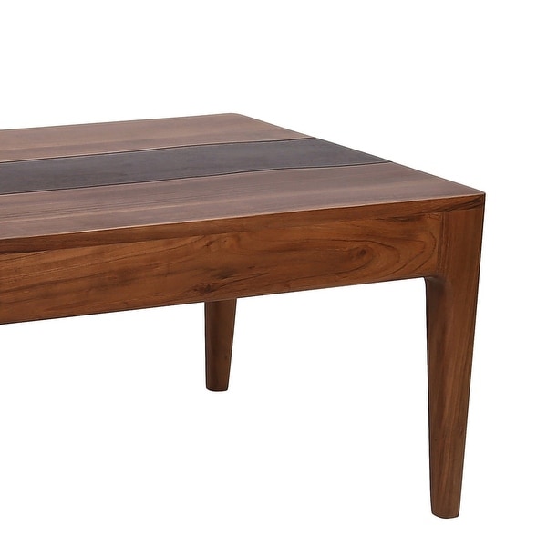 52 Inch Modern Coffee Table， Acacia Wood with Classic Block Legs， Brown